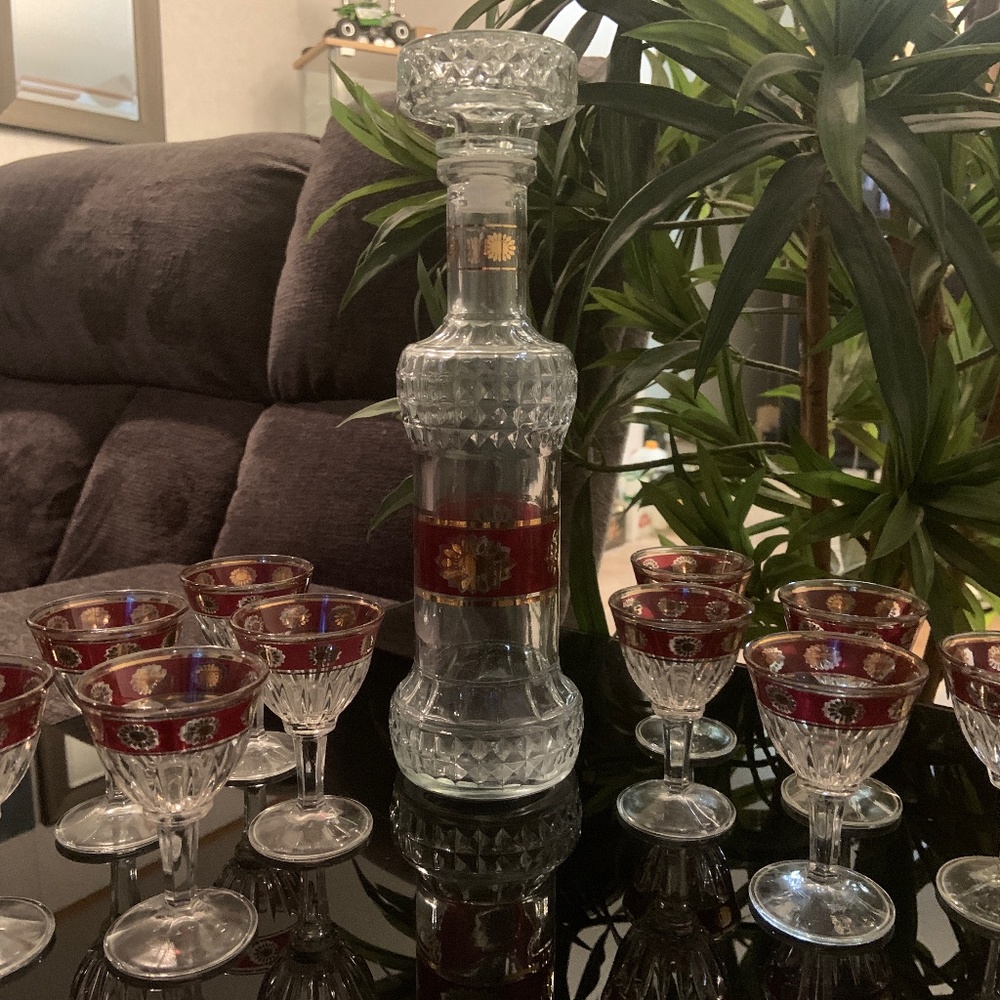 Burgundy & Gold Decanter with 10 Stemmed Glasses / gold & floral pattern